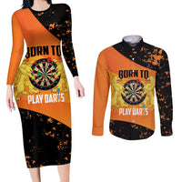 Personalised Netherlands Darts Couples Matching Long Sleeve Bodycon Dress and Long Sleeve Button Shirt Born To Play Darts Grunge Style - Wonder Print Shop