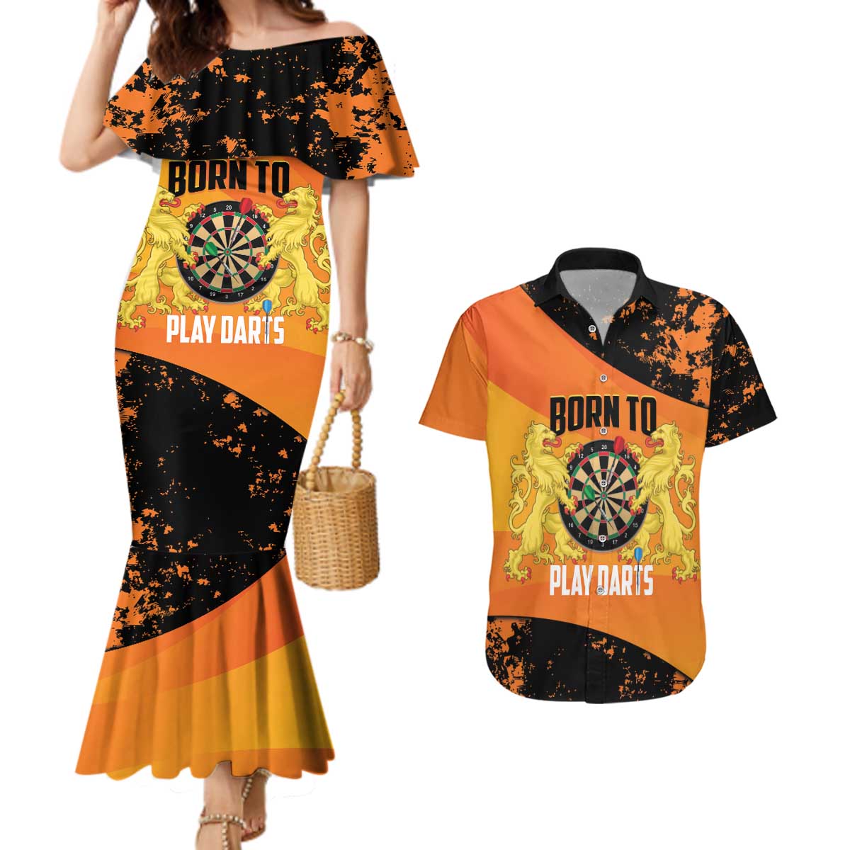 Personalised Netherlands Darts Couples Matching Mermaid Dress and Hawaiian Shirt Born To Play Darts Grunge Style - Wonder Print Shop