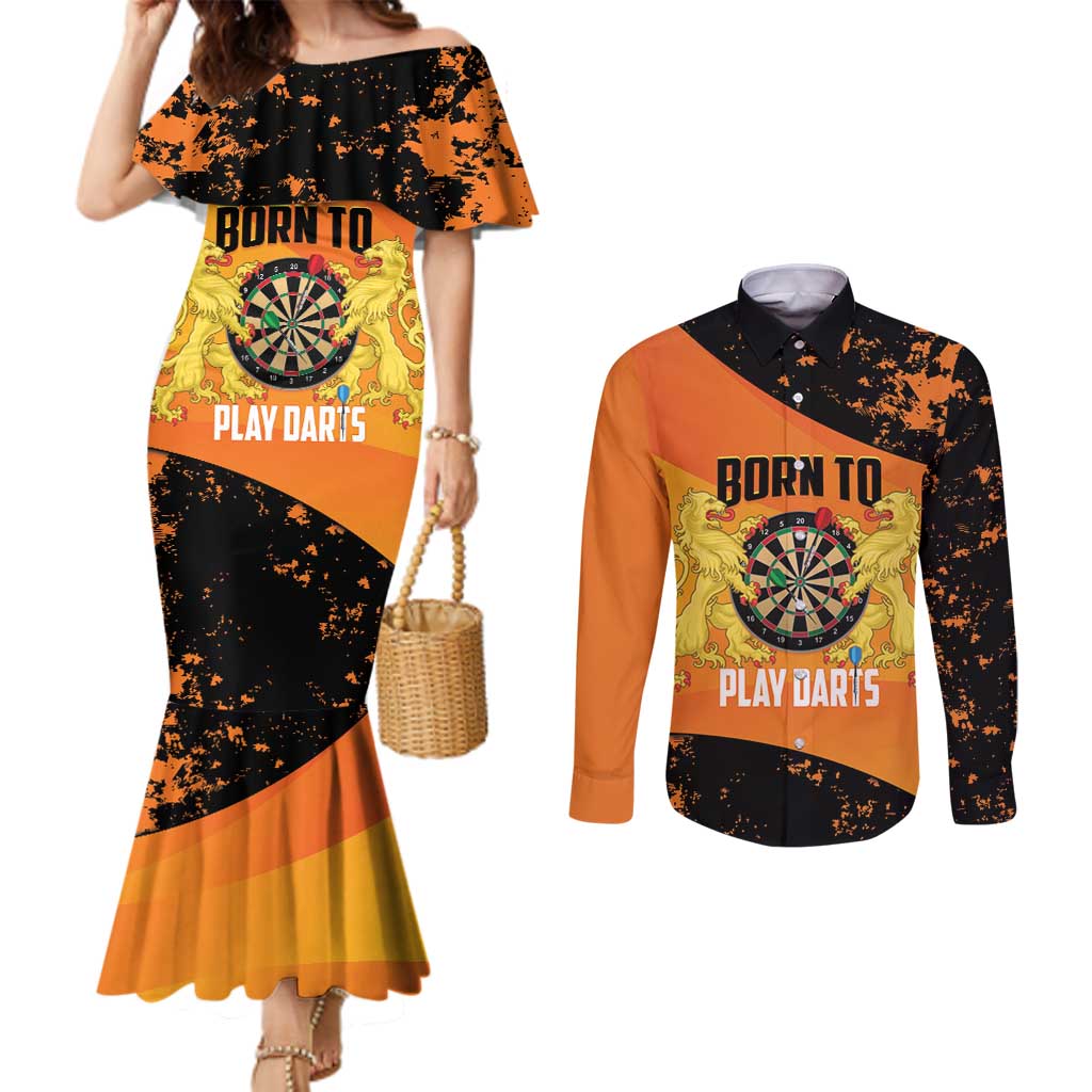 Personalised Netherlands Darts Couples Matching Mermaid Dress and Long Sleeve Button Shirt Born To Play Darts Grunge Style - Wonder Print Shop