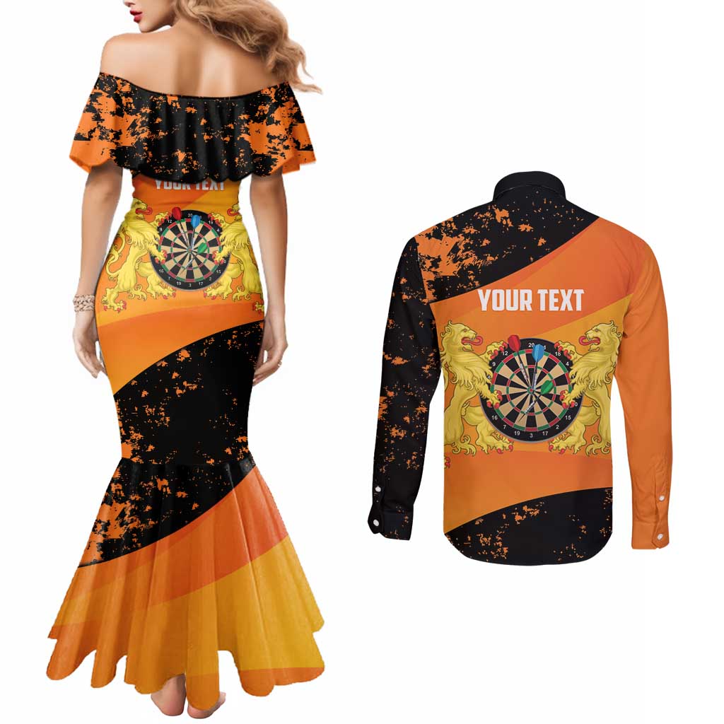 Personalised Netherlands Darts Couples Matching Mermaid Dress and Long Sleeve Button Shirt Born To Play Darts Grunge Style - Wonder Print Shop