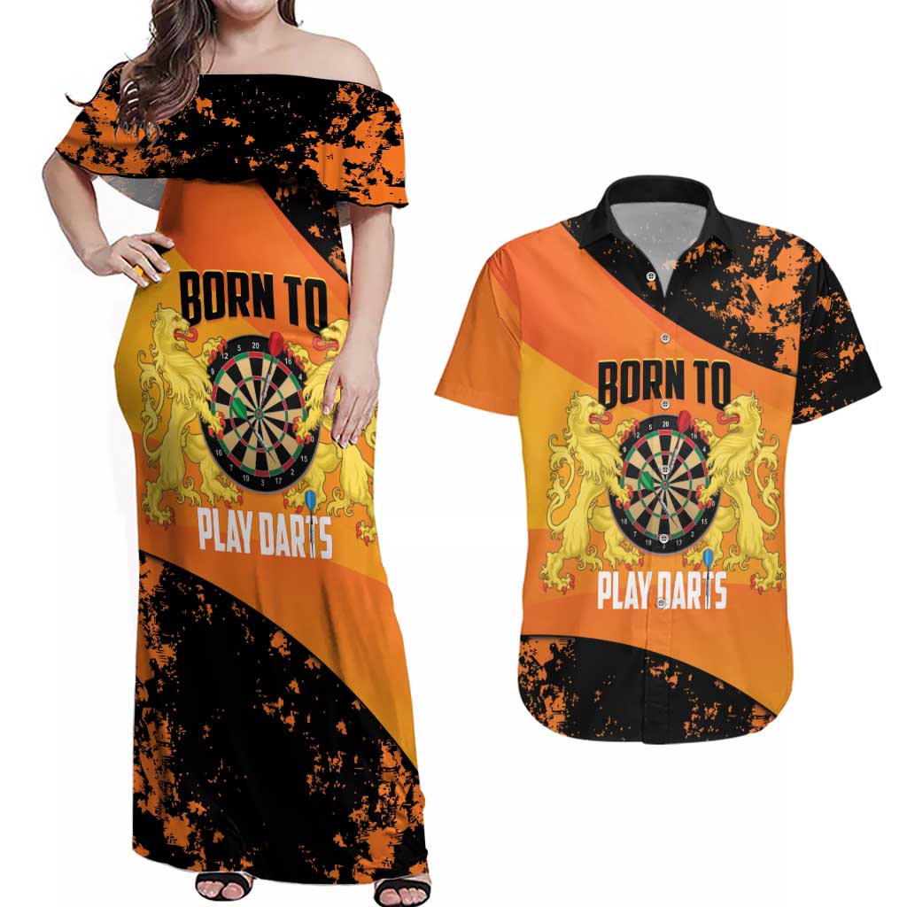 Personalised Netherlands Darts Couples Matching Off Shoulder Maxi Dress and Hawaiian Shirt Born To Play Darts Grunge Style - Wonder Print Shop