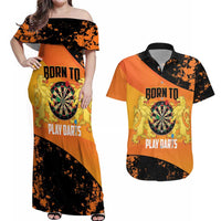 Personalised Netherlands Darts Couples Matching Off Shoulder Maxi Dress and Hawaiian Shirt Born To Play Darts Grunge Style - Wonder Print Shop
