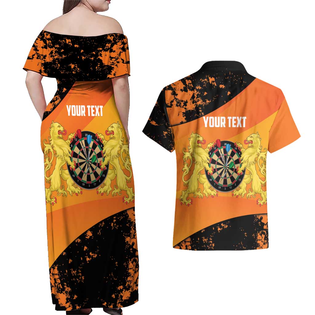 Personalised Netherlands Darts Couples Matching Off Shoulder Maxi Dress and Hawaiian Shirt Born To Play Darts Grunge Style - Wonder Print Shop