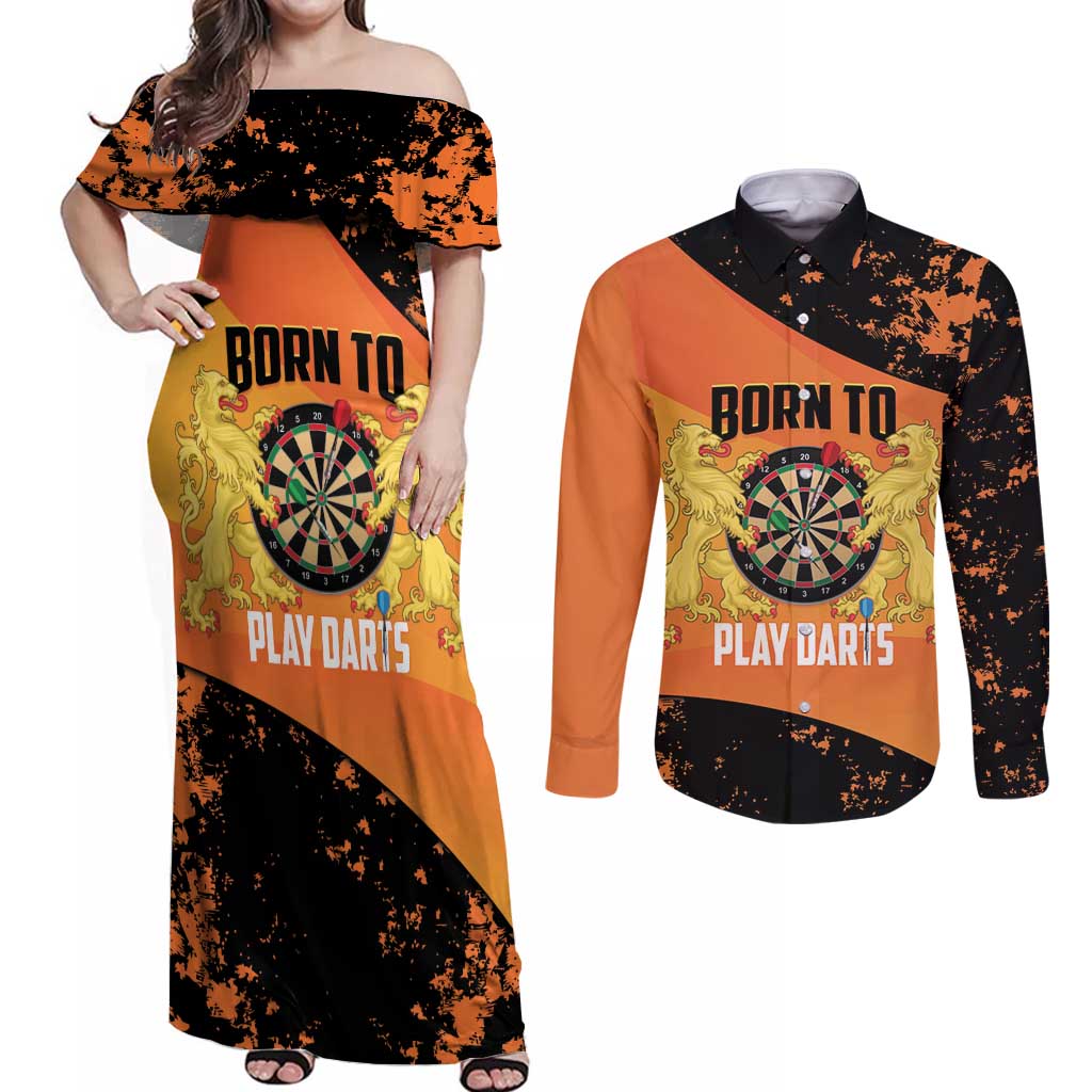 Personalised Netherlands Darts Couples Matching Off Shoulder Maxi Dress and Long Sleeve Button Shirt Born To Play Darts Grunge Style - Wonder Print Shop