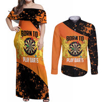 Personalised Netherlands Darts Couples Matching Off Shoulder Maxi Dress and Long Sleeve Button Shirt Born To Play Darts Grunge Style - Wonder Print Shop