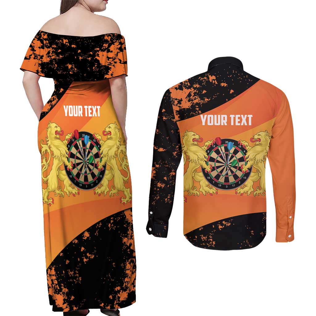 Personalised Netherlands Darts Couples Matching Off Shoulder Maxi Dress and Long Sleeve Button Shirt Born To Play Darts Grunge Style - Wonder Print Shop