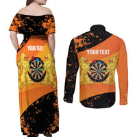 Personalised Netherlands Darts Couples Matching Off Shoulder Maxi Dress and Long Sleeve Button Shirt Born To Play Darts Grunge Style - Wonder Print Shop