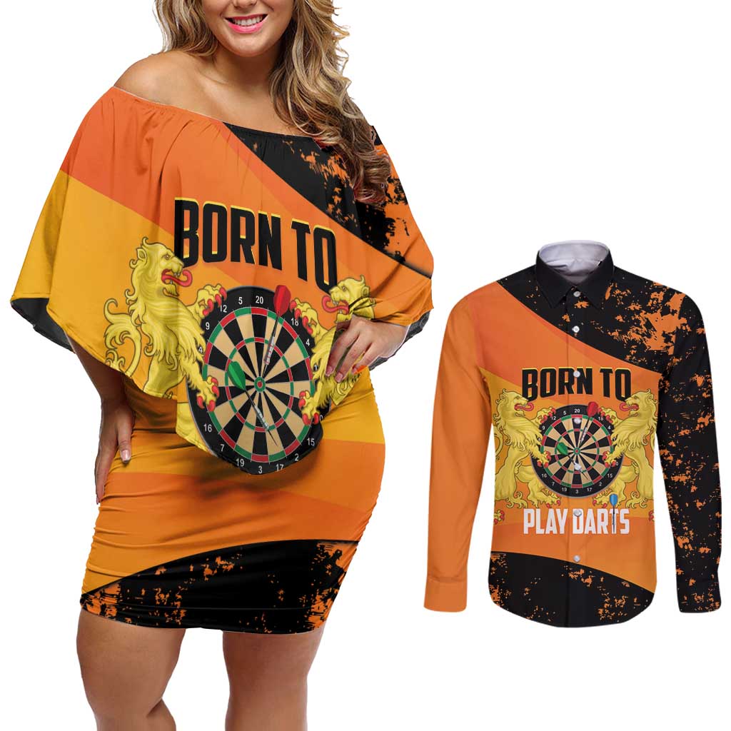 Personalised Netherlands Darts Couples Matching Off Shoulder Short Dress and Long Sleeve Button Shirt Born To Play Darts Grunge Style - Wonder Print Shop