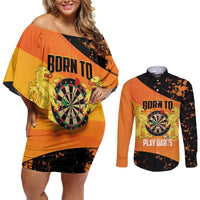 Personalised Netherlands Darts Couples Matching Off Shoulder Short Dress and Long Sleeve Button Shirt Born To Play Darts Grunge Style - Wonder Print Shop