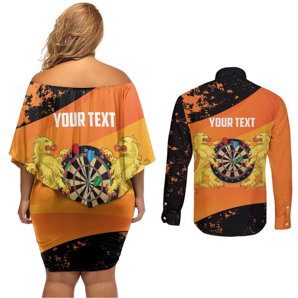Personalised Netherlands Darts Couples Matching Off Shoulder Short Dress and Long Sleeve Button Shirt Born To Play Darts Grunge Style - Wonder Print Shop