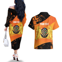 Personalised Netherlands Darts Couples Matching Off The Shoulder Long Sleeve Dress and Hawaiian Shirt Born To Play Darts Grunge Style - Wonder Print Shop