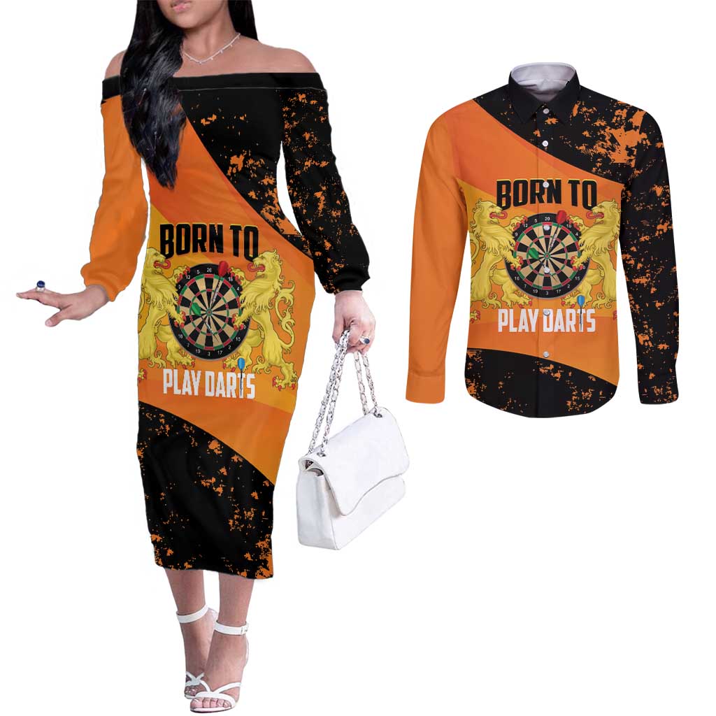 Personalised Netherlands Darts Couples Matching Off The Shoulder Long Sleeve Dress and Long Sleeve Button Shirt Born To Play Darts Grunge Style - Wonder Print Shop