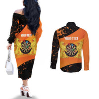 Personalised Netherlands Darts Couples Matching Off The Shoulder Long Sleeve Dress and Long Sleeve Button Shirt Born To Play Darts Grunge Style - Wonder Print Shop