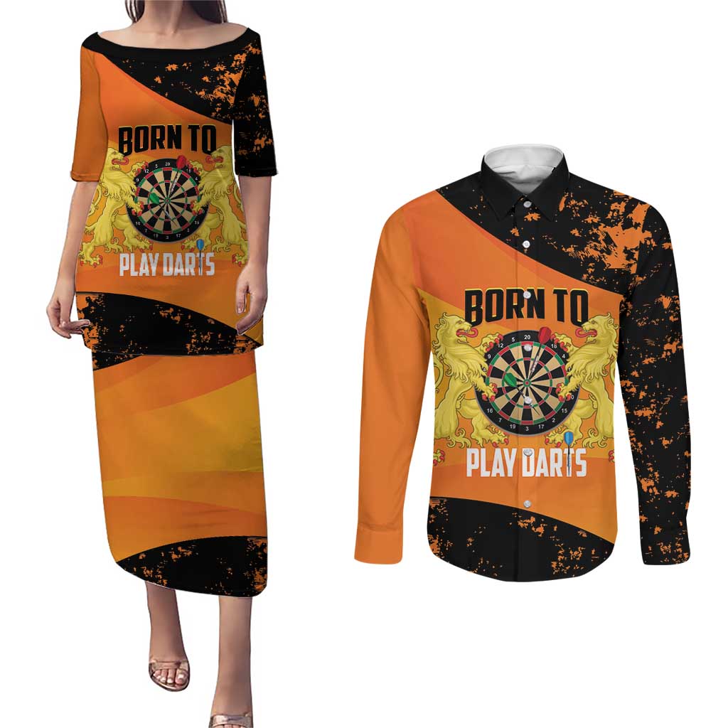 Personalised Netherlands Darts Couples Matching Puletasi and Long Sleeve Button Shirt Born To Play Darts Grunge Style - Wonder Print Shop