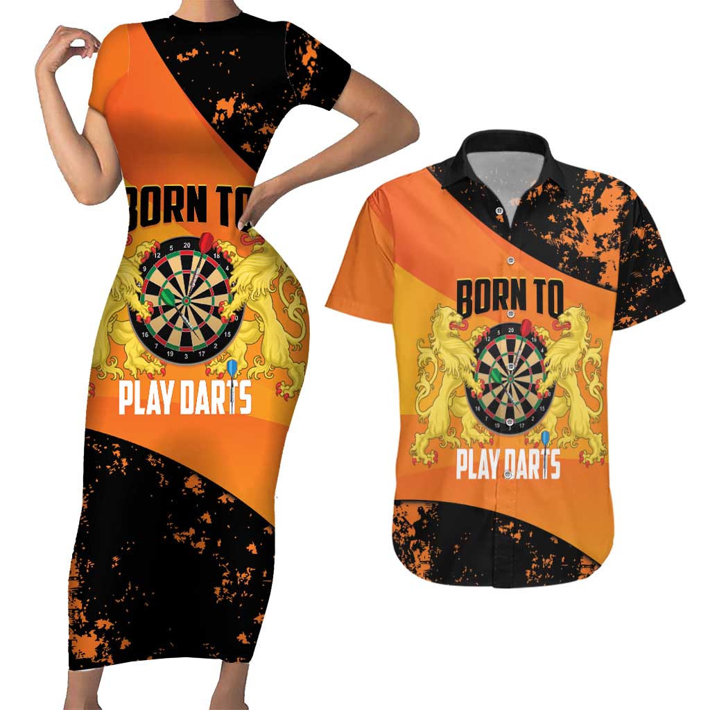 Personalised Netherlands Darts Couples Matching Short Sleeve Bodycon Dress and Hawaiian Shirt Born To Play Darts Grunge Style - Wonder Print Shop