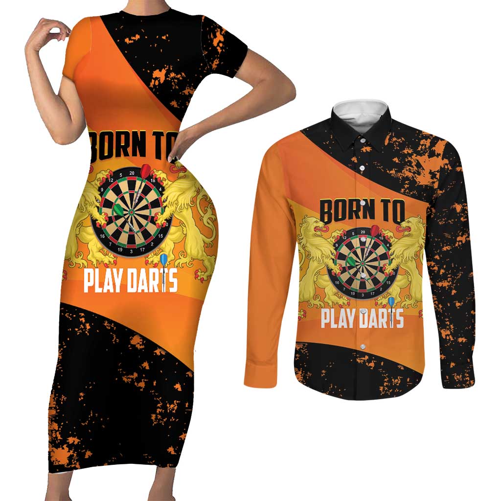Personalised Netherlands Darts Couples Matching Short Sleeve Bodycon Dress and Long Sleeve Button Shirt Born To Play Darts Grunge Style - Wonder Print Shop