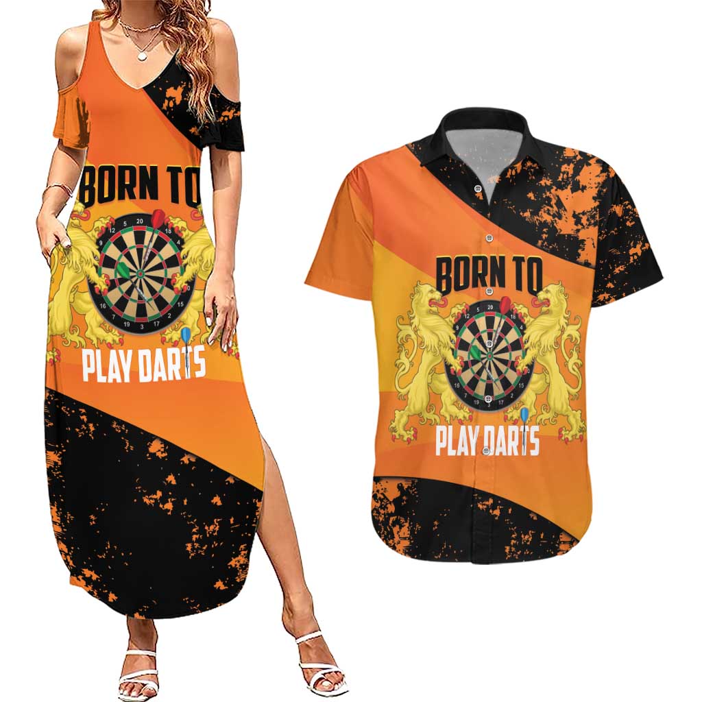 Personalised Netherlands Darts Couples Matching Summer Maxi Dress and Hawaiian Shirt Born To Play Darts Grunge Style - Wonder Print Shop