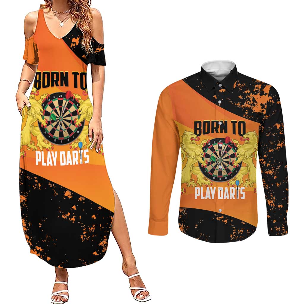 Personalised Netherlands Darts Couples Matching Summer Maxi Dress and Long Sleeve Button Shirt Born To Play Darts Grunge Style - Wonder Print Shop