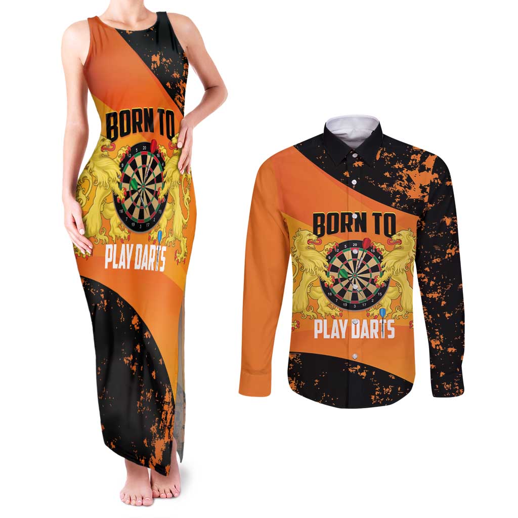 Personalised Netherlands Darts Couples Matching Tank Maxi Dress and Long Sleeve Button Shirt Born To Play Darts Grunge Style - Wonder Print Shop