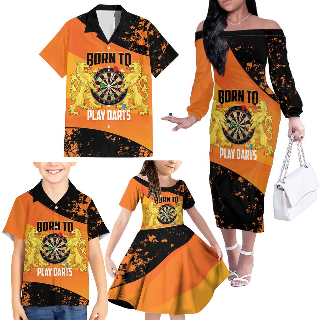 Personalised Netherlands Darts Family Matching Off The Shoulder Long Sleeve Dress and Hawaiian Shirt Born To Play Darts Grunge Style - Wonder Print Shop