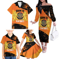Personalised Netherlands Darts Family Matching Off The Shoulder Long Sleeve Dress and Hawaiian Shirt Born To Play Darts Grunge Style - Wonder Print Shop