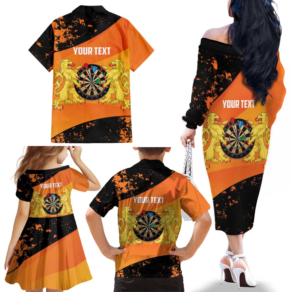 Personalised Netherlands Darts Family Matching Off The Shoulder Long Sleeve Dress and Hawaiian Shirt Born To Play Darts Grunge Style - Wonder Print Shop