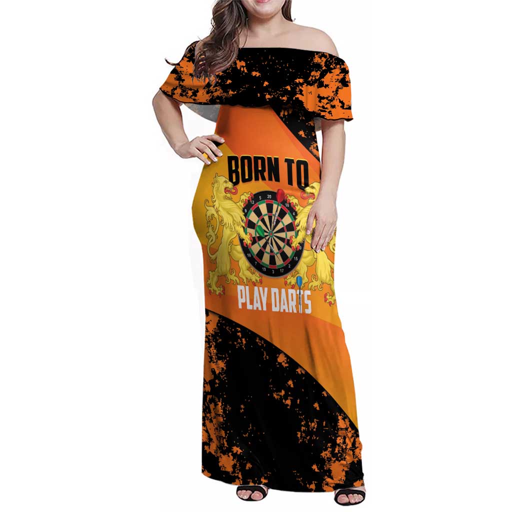 Personalised Netherlands Darts Family Matching Off Shoulder Maxi Dress and Hawaiian Shirt Born To Play Darts Grunge Style - Wonder Print Shop
