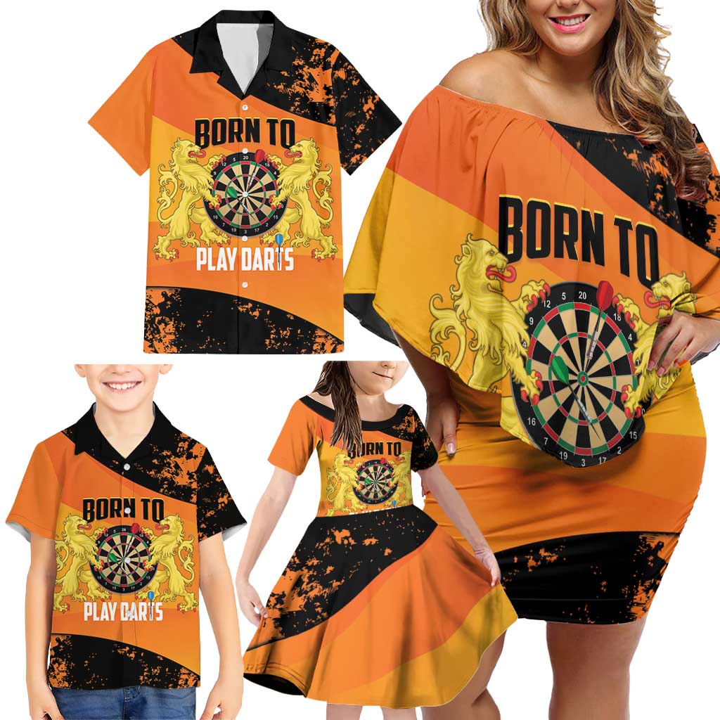 Personalised Netherlands Darts Family Matching Off Shoulder Short Dress and Hawaiian Shirt Born To Play Darts Grunge Style - Wonder Print Shop