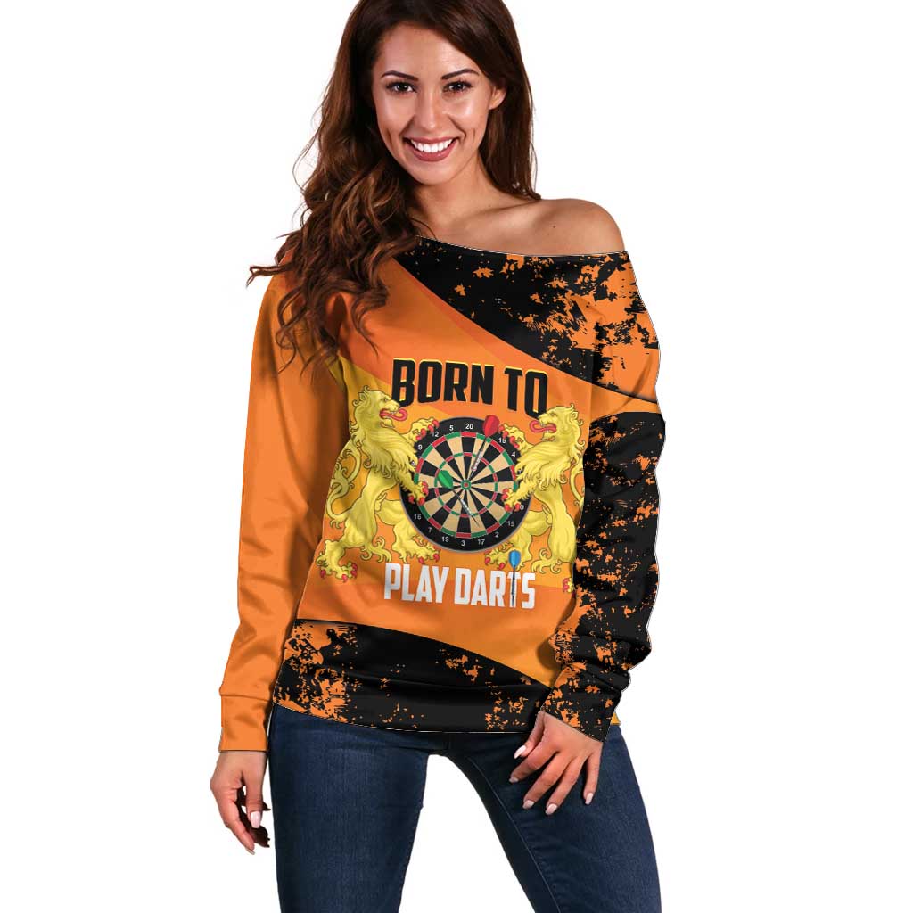 Personalised Netherlands Darts Off Shoulder Sweater Born To Play Darts Grunge Style - Wonder Print Shop