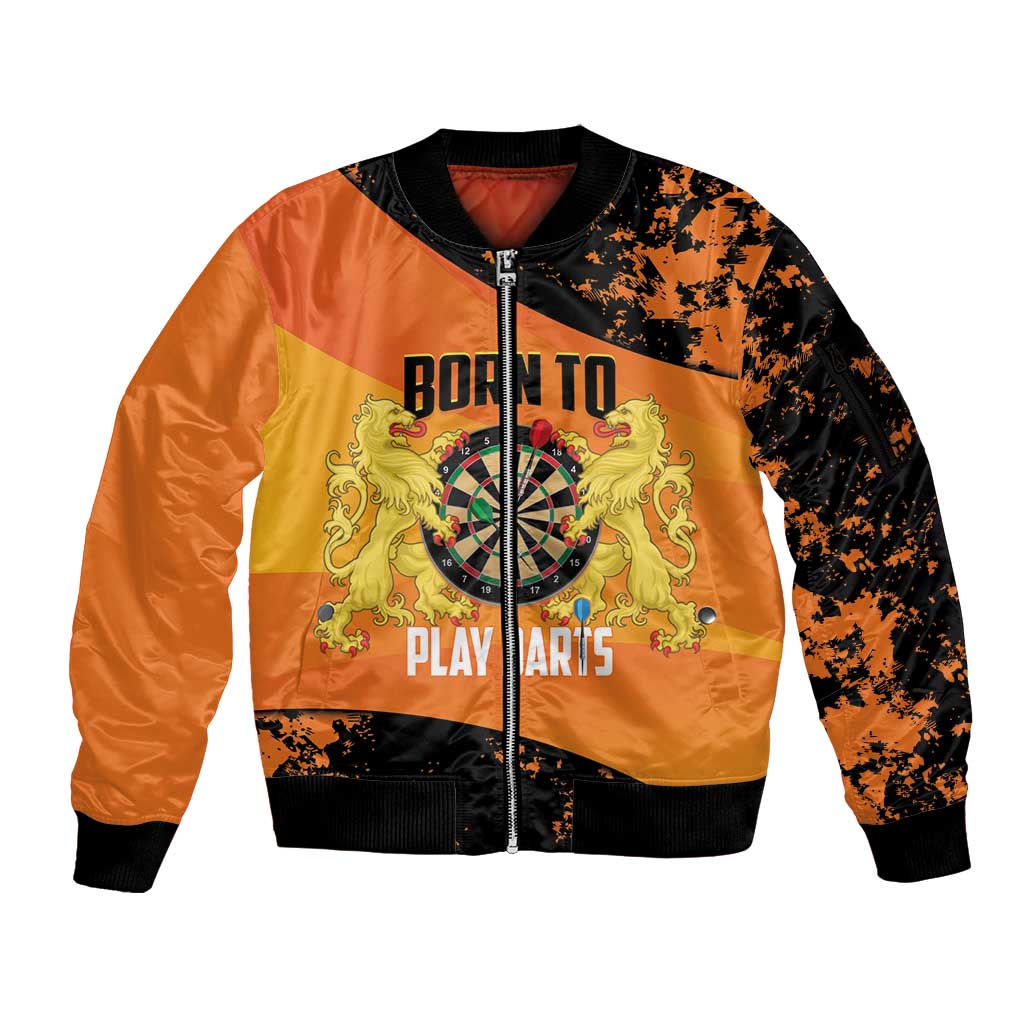 Personalised Netherlands Darts Sleeve Zip Bomber Jacket Born To Play Darts Grunge Style - Wonder Print Shop