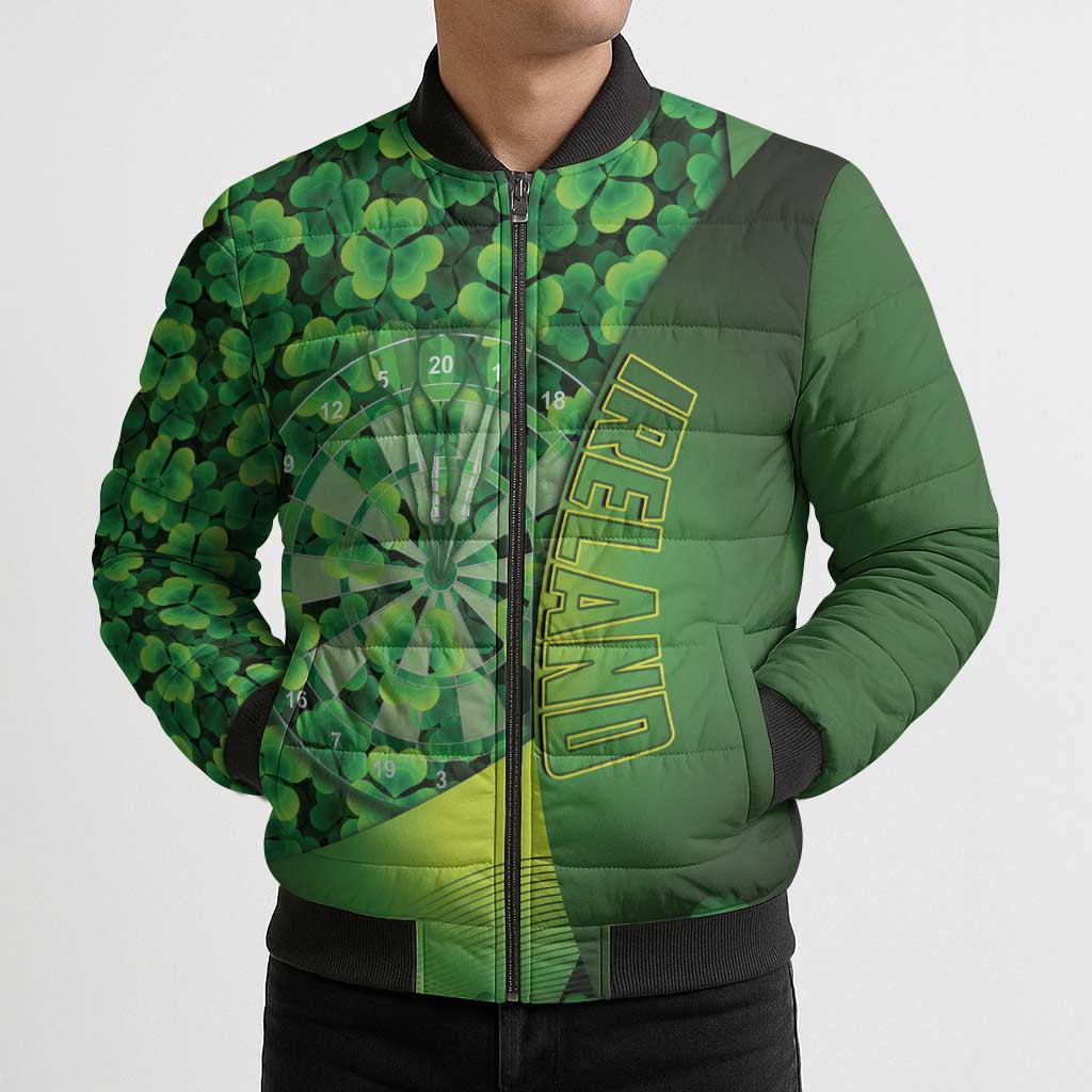 Personalised Ireland Darts Bomber Puffer Jacket Dartboard Irish Shamrock Pattern - Wonder Print Shop