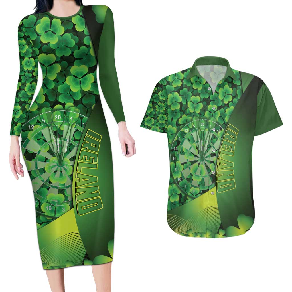Personalised Ireland Darts Couples Matching Long Sleeve Bodycon Dress and Hawaiian Shirt Dartboard Irish Shamrock Pattern - Wonder Print Shop