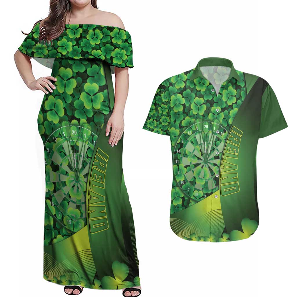 Personalised Ireland Darts Couples Matching Off Shoulder Maxi Dress and Hawaiian Shirt Dartboard Irish Shamrock Pattern - Wonder Print Shop