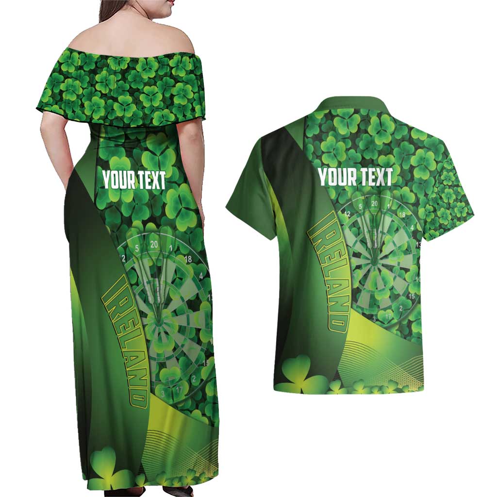 Personalised Ireland Darts Couples Matching Off Shoulder Maxi Dress and Hawaiian Shirt Dartboard Irish Shamrock Pattern - Wonder Print Shop