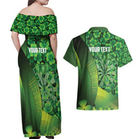 Personalised Ireland Darts Couples Matching Off Shoulder Maxi Dress and Hawaiian Shirt Dartboard Irish Shamrock Pattern - Wonder Print Shop