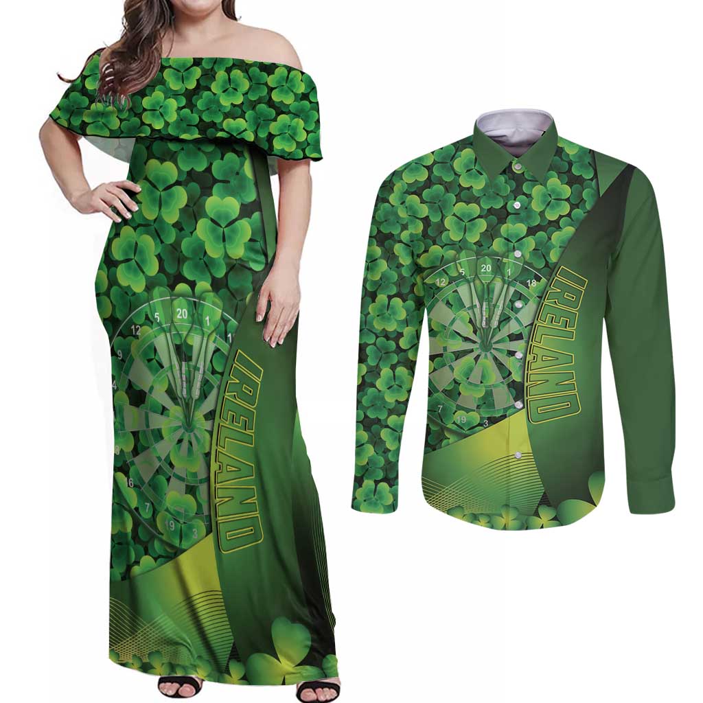 Personalised Ireland Darts Couples Matching Off Shoulder Maxi Dress and Long Sleeve Button Shirt Dartboard Irish Shamrock Pattern - Wonder Print Shop