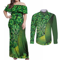 Personalised Ireland Darts Couples Matching Off Shoulder Maxi Dress and Long Sleeve Button Shirt Dartboard Irish Shamrock Pattern - Wonder Print Shop