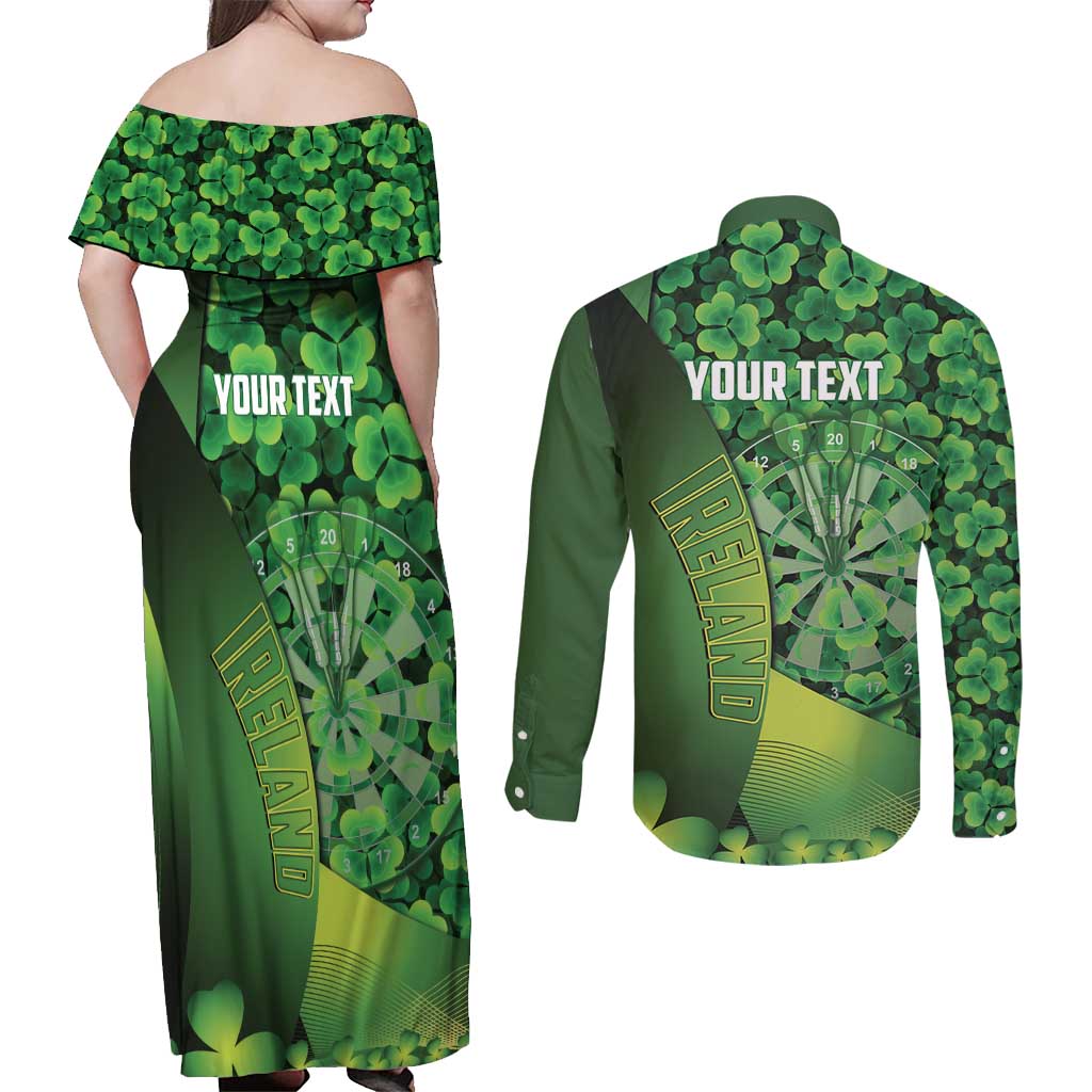 Personalised Ireland Darts Couples Matching Off Shoulder Maxi Dress and Long Sleeve Button Shirt Dartboard Irish Shamrock Pattern - Wonder Print Shop