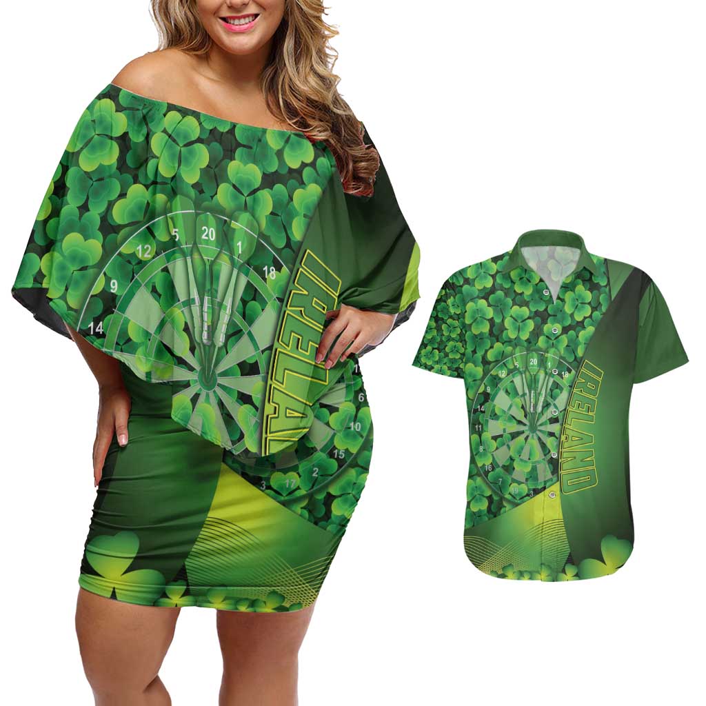 Personalised Ireland Darts Couples Matching Off Shoulder Short Dress and Hawaiian Shirt Dartboard Irish Shamrock Pattern - Wonder Print Shop
