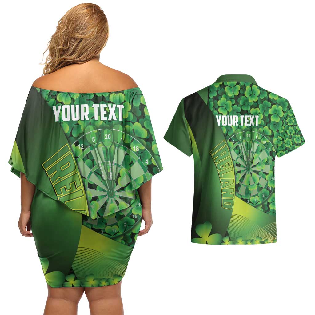 Personalised Ireland Darts Couples Matching Off Shoulder Short Dress and Hawaiian Shirt Dartboard Irish Shamrock Pattern - Wonder Print Shop