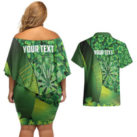 Personalised Ireland Darts Couples Matching Off Shoulder Short Dress and Hawaiian Shirt Dartboard Irish Shamrock Pattern - Wonder Print Shop