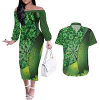 Personalised Ireland Darts Couples Matching Off The Shoulder Long Sleeve Dress and Hawaiian Shirt Dartboard Irish Shamrock Pattern - Wonder Print Shop