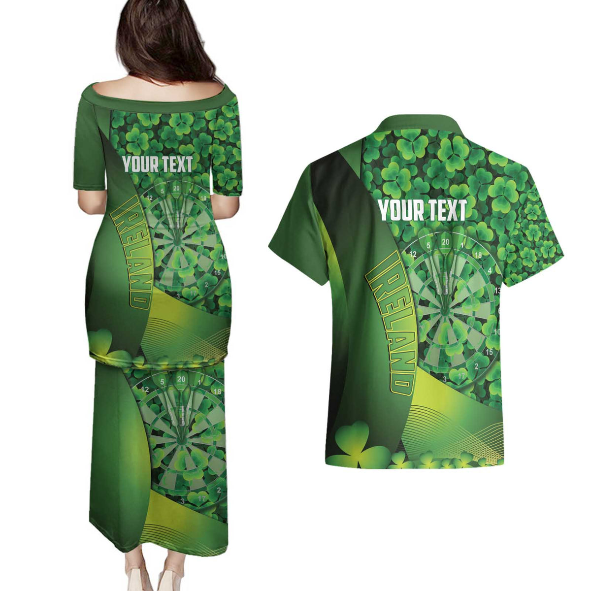 Personalised Ireland Darts Couples Matching Puletasi and Hawaiian Shirt Dartboard Irish Shamrock Pattern - Wonder Print Shop