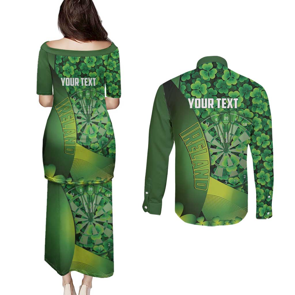 Personalised Ireland Darts Couples Matching Puletasi and Long Sleeve Button Shirt Dartboard Irish Shamrock Pattern - Wonder Print Shop