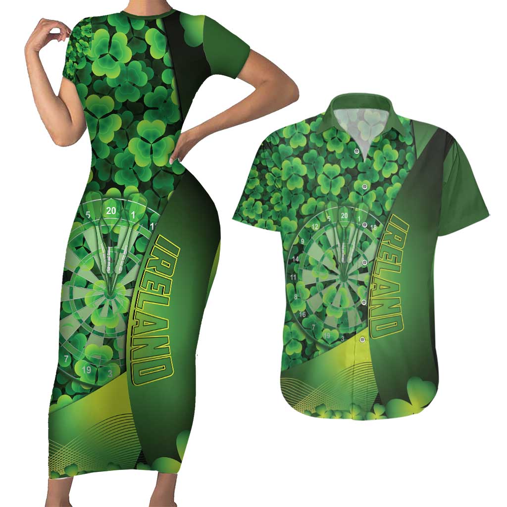 Personalised Ireland Darts Couples Matching Short Sleeve Bodycon Dress and Hawaiian Shirt Dartboard Irish Shamrock Pattern - Wonder Print Shop