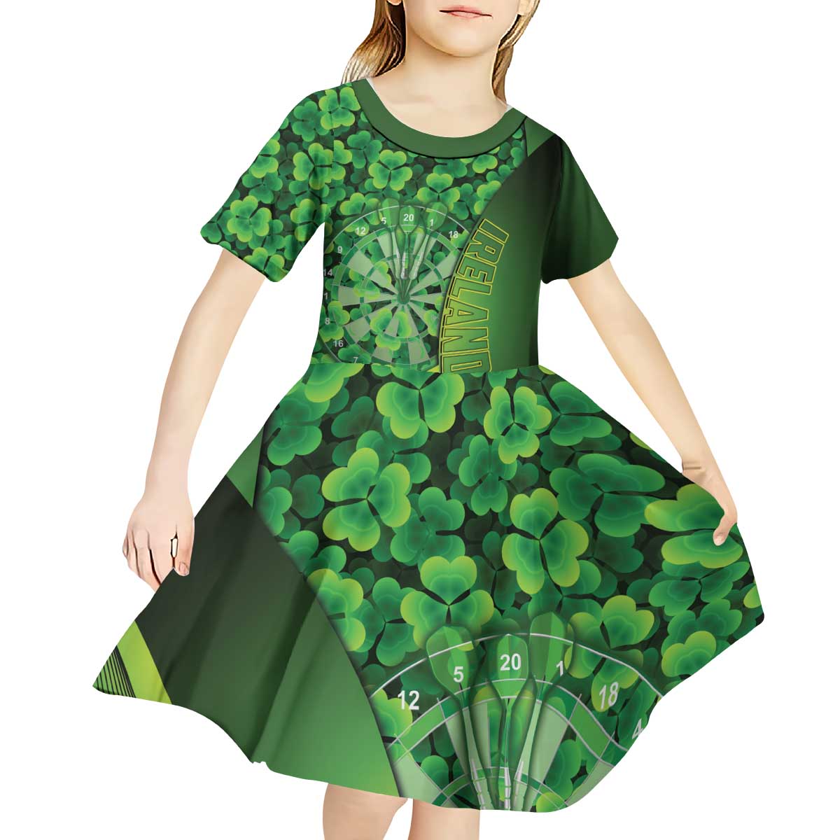 Personalised Ireland Darts Kid Short Sleeve Dress Dartboard Irish Shamrock Pattern - Wonder Print Shop