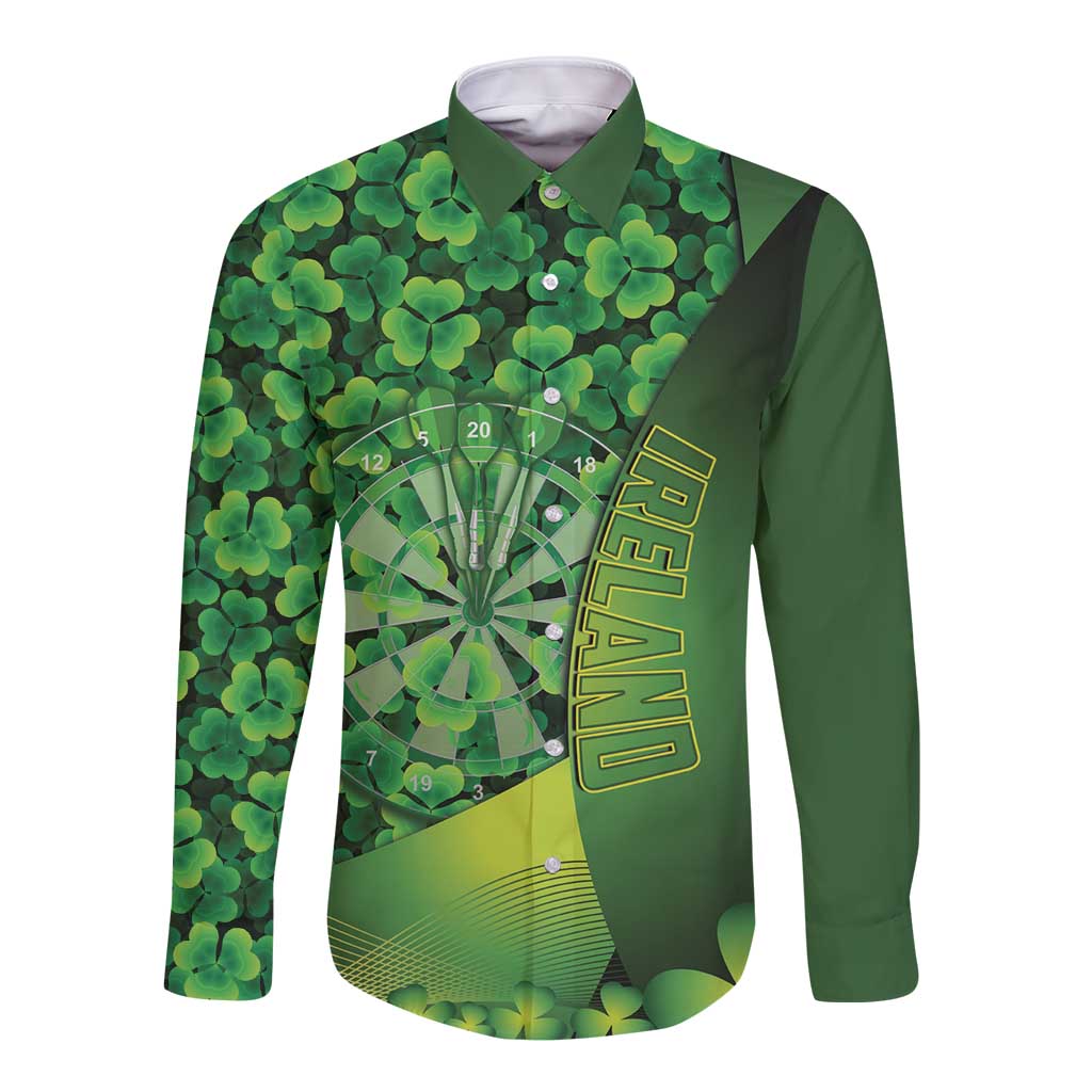 Personalised Ireland Darts Long Sleeve Button Shirt Dartboard Irish Shamrock Pattern - Wonder Print Shop