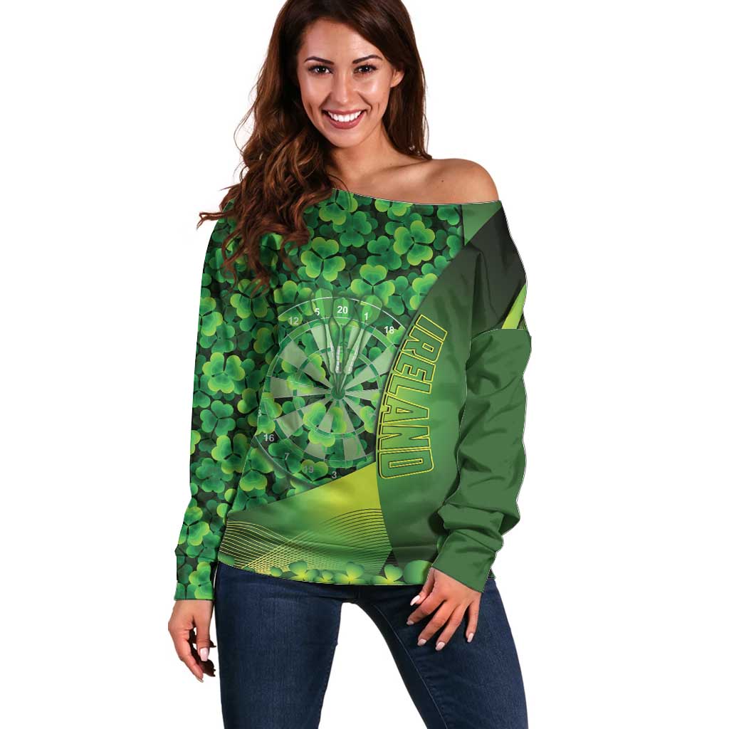 Personalised Ireland Darts Off Shoulder Sweater Dartboard Irish Shamrock Pattern - Wonder Print Shop
