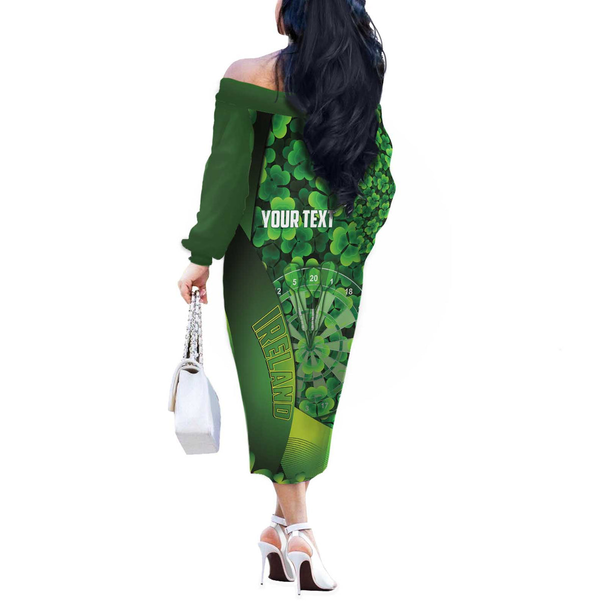 Personalised Ireland Darts Off The Shoulder Long Sleeve Dress Dartboard Irish Shamrock Pattern - Wonder Print Shop