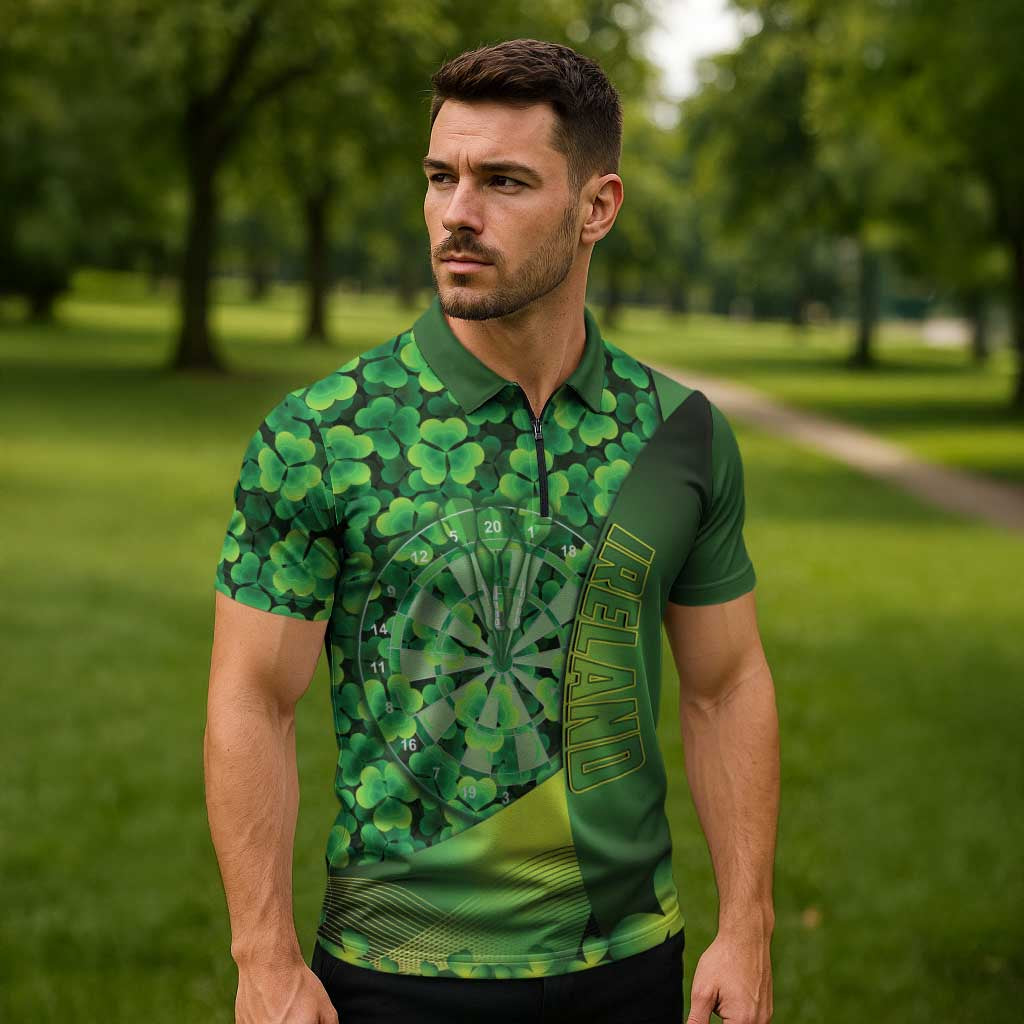 Personalised Ireland Darts Zipper Polo Shirt Dartboard Irish Shamrock Pattern - Wonder Print Shop
